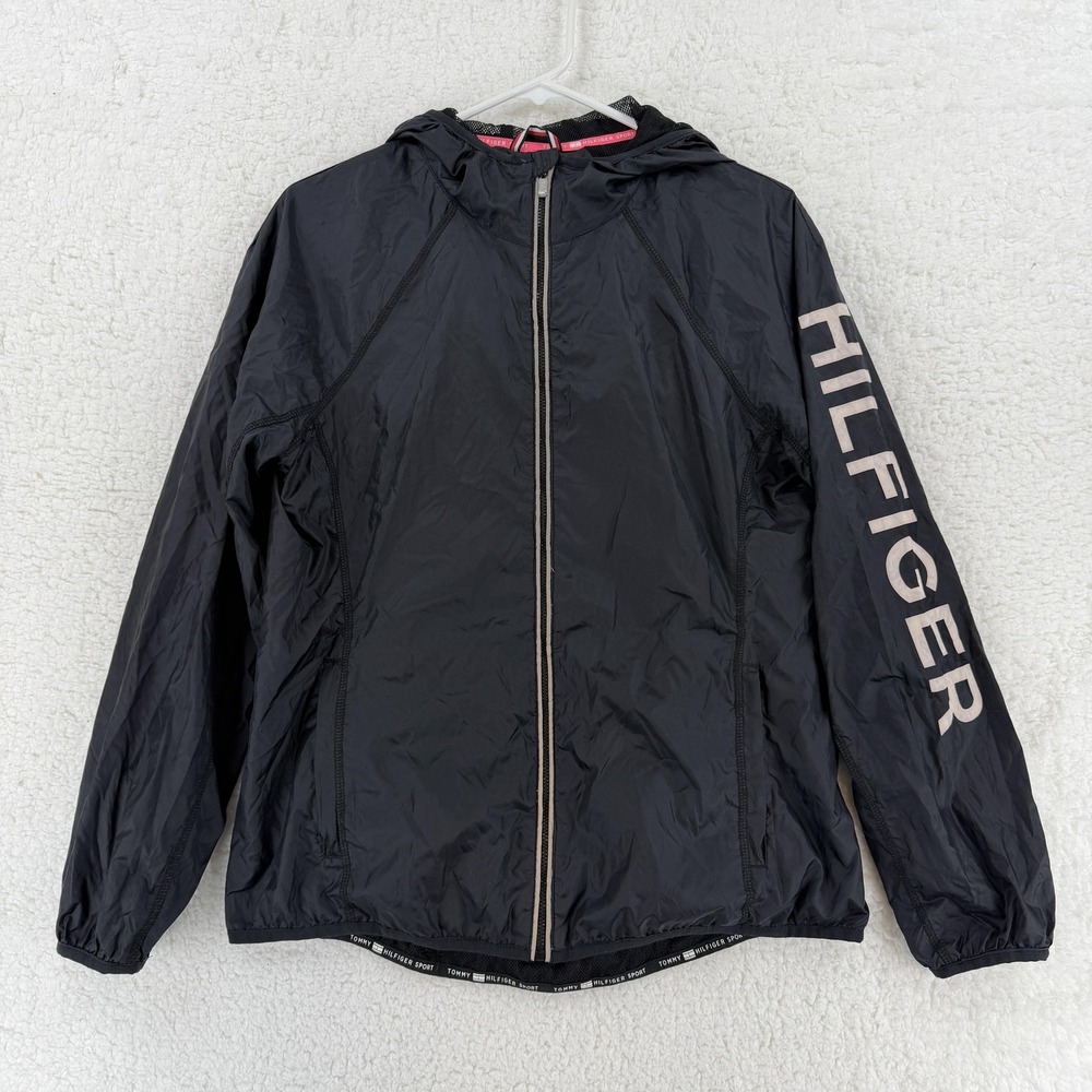 Tommy Hilfiger Sport‎ Jacket Womens Medium Black Hooded Windbreaker Zip Pocket